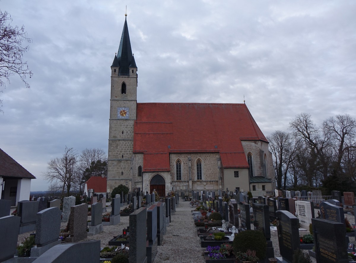 Burgkirchen am Wald, Pfarrkirche St. Rupertus, zweischiffige Hallenkirche, erbaut ab 1450, sptgotischer Chor von 1480 (14.02.2016)