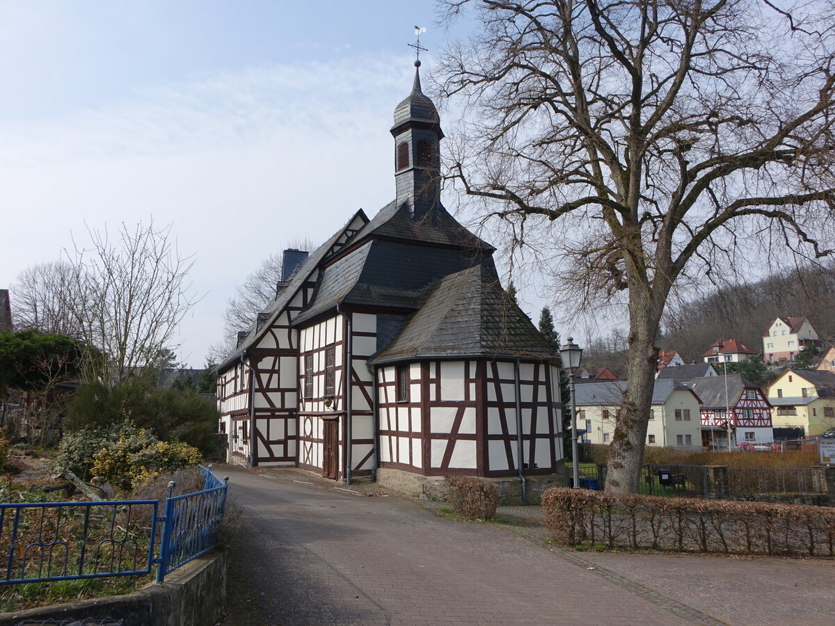 Daisbach, Pfarrkirche St. Josef, einzige katholische Fachwerkkirche Hessens, erbaut 1670 (20.03.2022)