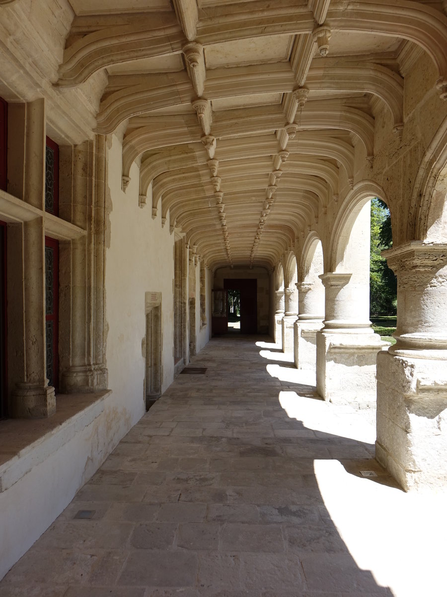 Dampierre-sur-Boutonne, der Arkadengang des Obergeschosses des Schloss hat eine auergewhnlich reich reliefierte Kassettendecke mit einer Vielzahl von allegorischen Figuren, Sprchen, Wappen und kryptischen Symbolen (15.07.2017)