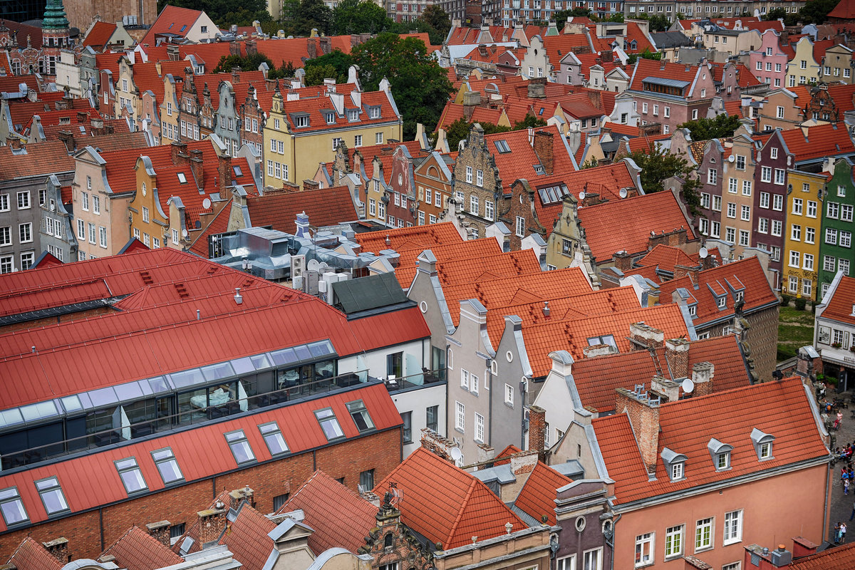 Danzig - Gdansk. Blick auf die Danziger Rechtstadt vom Turm des alten Rathauses. Aufnahme: 12. August 2019.