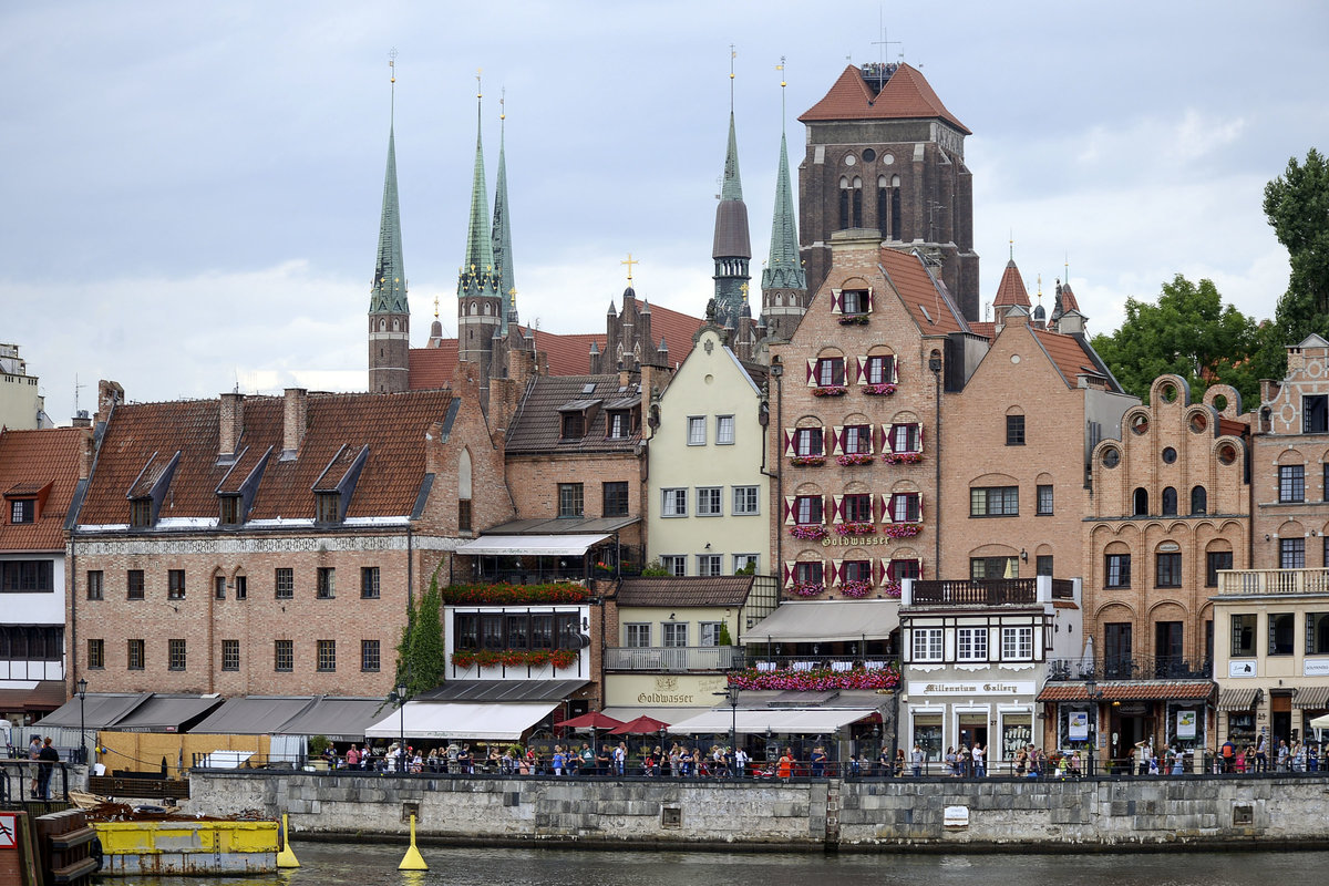 Danzig - Gdansk. Lange Brcke (Diugie Pobrzeze) und Marienkirche (Bazylika konkatedralna Wniebowzięcia Najświętszej Maryi Panny) von der Speicherinsel aus gesehen. Aufnahme: 12. August 2019.