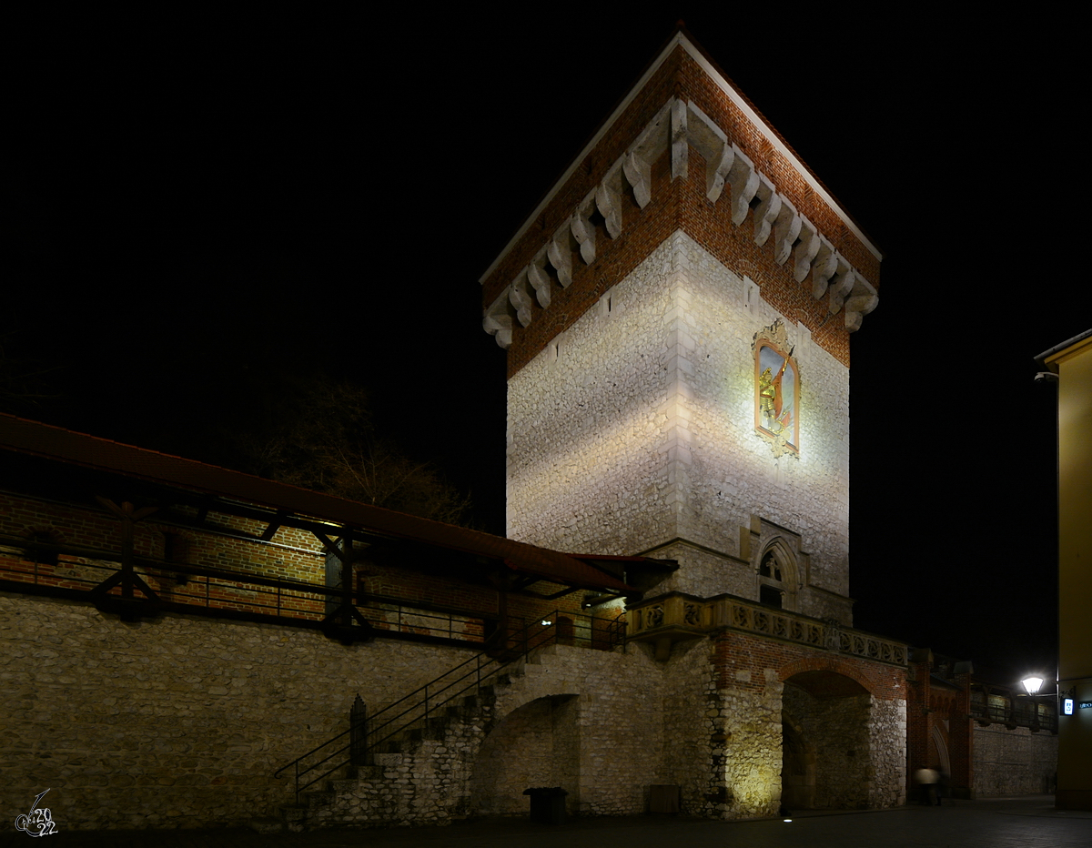 Das Anfang des 14. Jahrhunderts erbaute Florianstor ist das letzte erhaltene Stadttor der Krakauer Stadtmauer. (Mrz 2014)