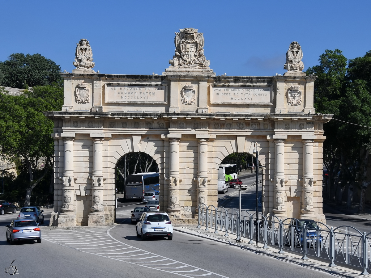 Das barocke Stadttor Porte des Bombes wurde zwischen 1697 und 1720 erbaut. (Floriana, Oktober 2017)