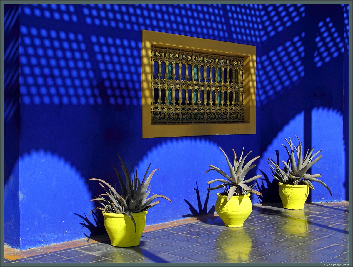 Das in dunklem Blau gehaltene Gartenhaus im Jardin Majorelle beherbergt ein Kunstmuseum. Hier ist ein Teil der Fassade mit einem filigran gestalteten Fenster zu sehen. (Marrakesch, 18.11.2015)