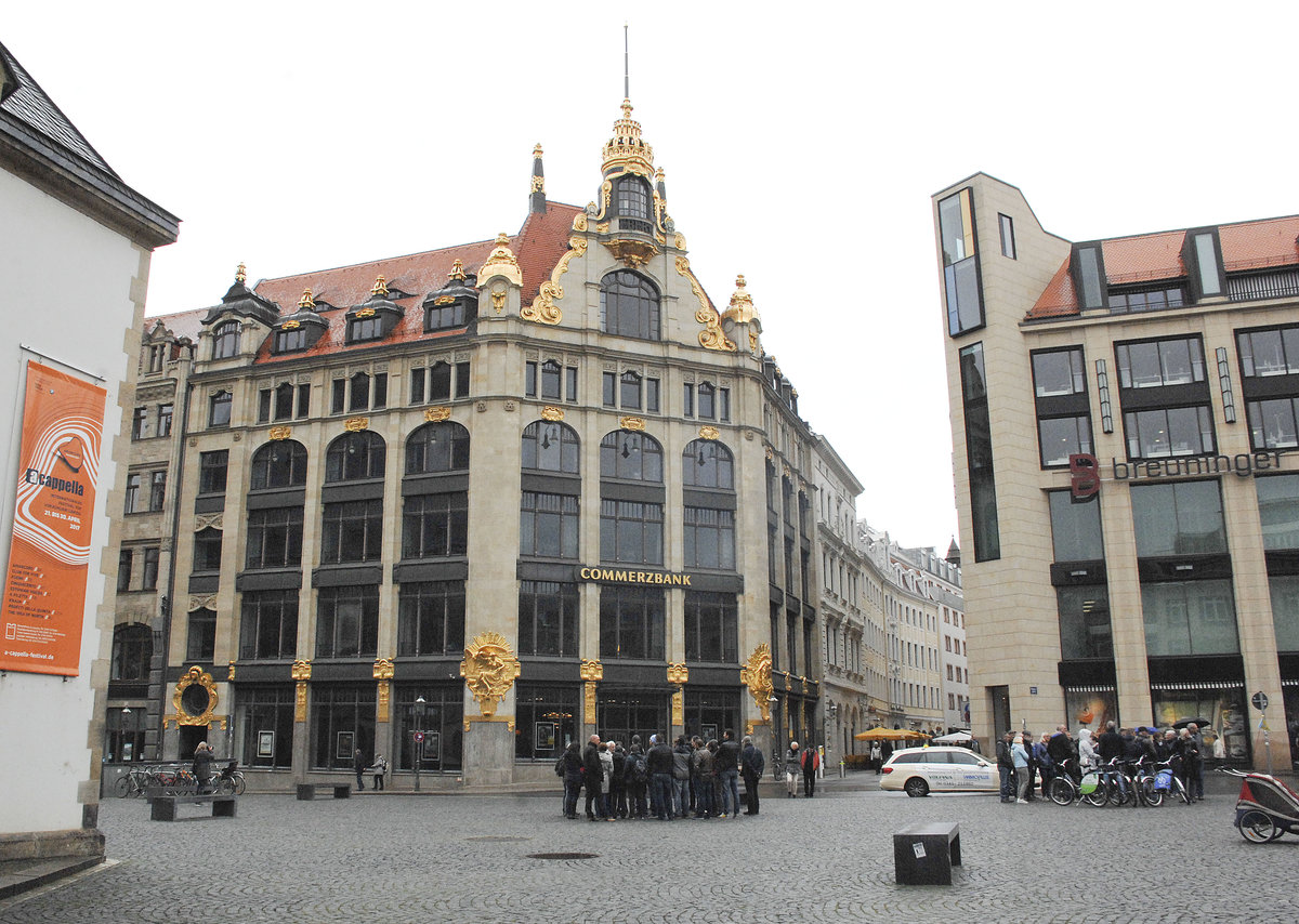 Das Gebude des Commerzbank in Leipzig an der Ecke Klostergasse/Thomaskirchhof. Aufnahme: 29. April 2017.