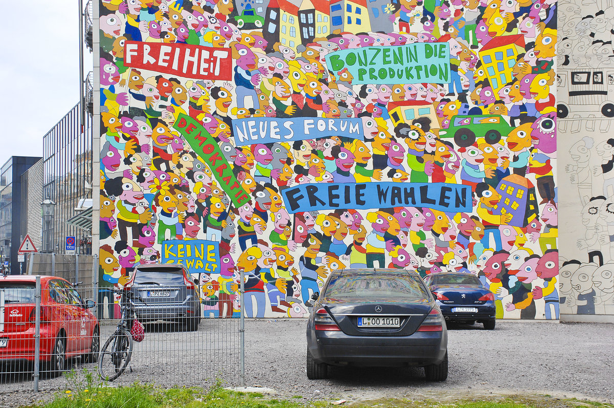 Das Wendebild 20 Jahre Danach an der Brhl-Arkade in Leipzig. Aufnahme: 1. Mai 2017.