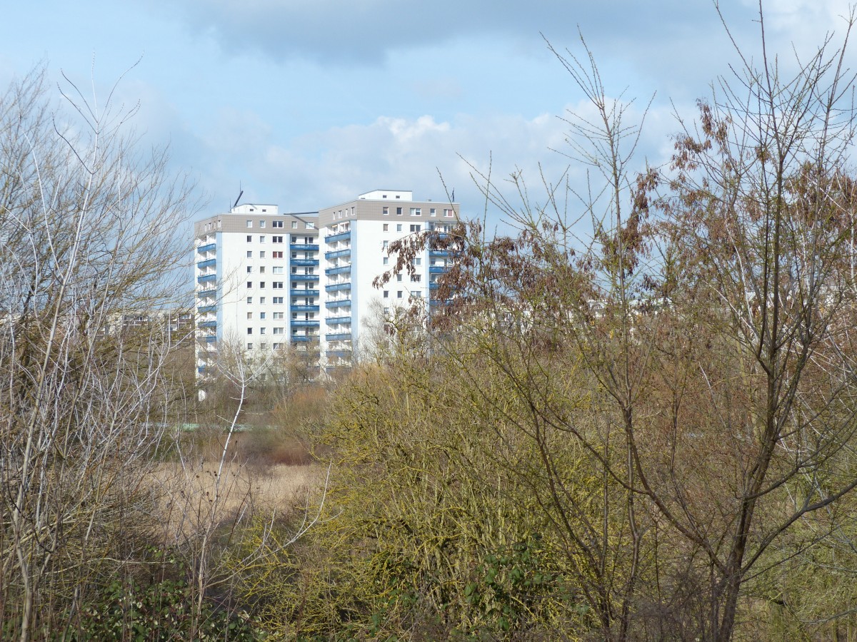 DDR-Neubau im Grnen. Schaut man sich Fotos aus der Aufbauphase der neuen Wohngebiete aus den 70ern und 80ern an, so hat man ein Gefhl von groer Trostlosigkeit. Mittlerweile sind die Flchen begrnt und oft hochwertig gestaltet. 19.3.2016 (Fotostandort ungenau)