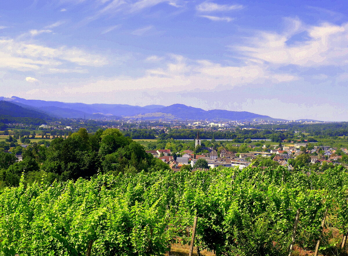 Denzlingen, Blick vom Mauracher Berg ber die Stadt, dahinter liegt Freiburg mit dem 644m hohen Schnberg in der Bildmitte, Juli 2022