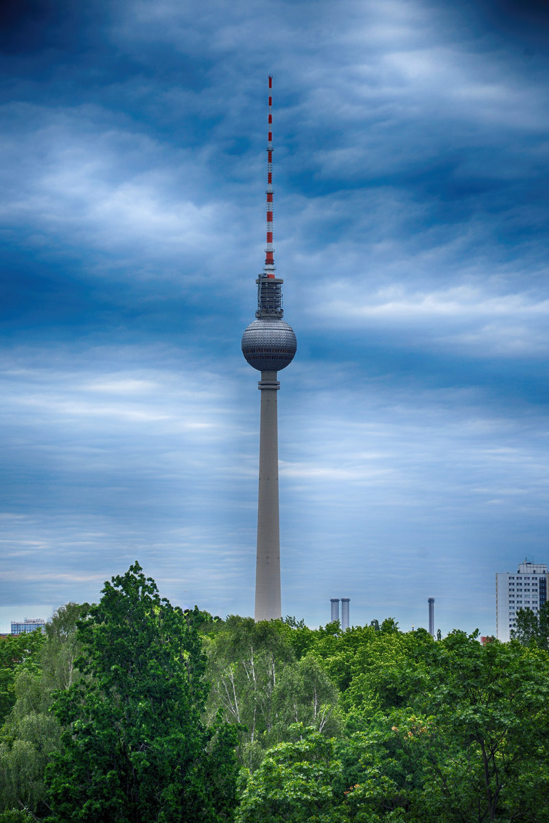 Der Berliner Fernsehturm vom Aussichtsturm an der Gedenksttte Berliner Mauer in Gesundbrunnen aus gesehen. Die Bume im Vordergrund stehen auf dem St. Elisabeth Friedhof. Aufnahme: 8. Juni 2019.