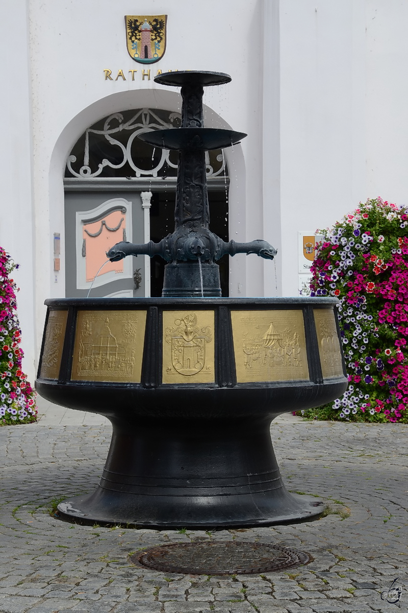 Der Brunnen vor dem Rathaus in Wolgast. (August 2013)