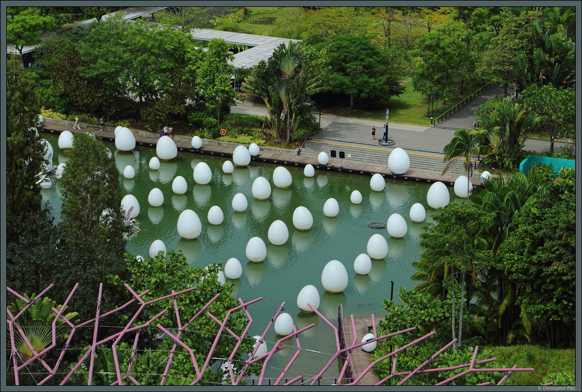 Der Dragonfly Lake in den Gardens by the Bay ist den Libellen (mit überlebensgroßen Darstellungen von Libelleneiern) gewidmet. (Singapur, 11.01.2020)