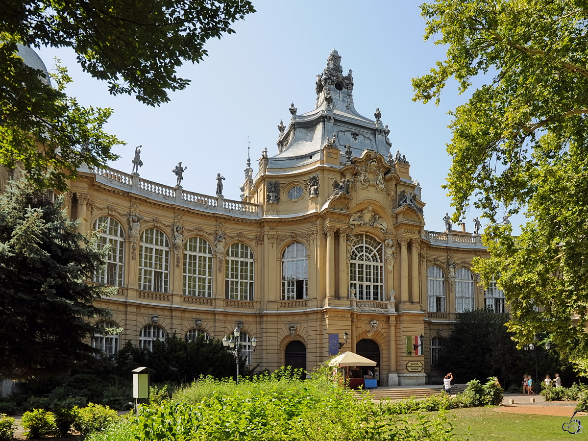 Der Eingangsbereich zum ungarischen Landwirtschaftsmuseum (Magyar Mezőgazdasgi Mzeum), welches sich ebenfalls auf dem Gelnde des Stadtwldchens befindet. (Budapest, August 2017)