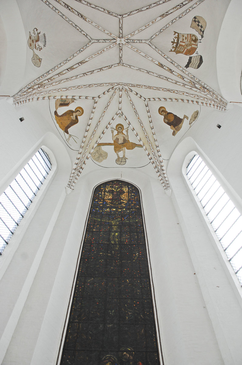 Der Innenraum des Dom zu Aarhus ist auf ber 220 m mit Fresken bemalt, die berwiegend aus der Zeit zwischen 1470 und 1520 stammen. Bis zur Reformation war nahezu die gesamte Kirche mit Fresken ausgemalt. Aufnahme: 5. Juni 2017.