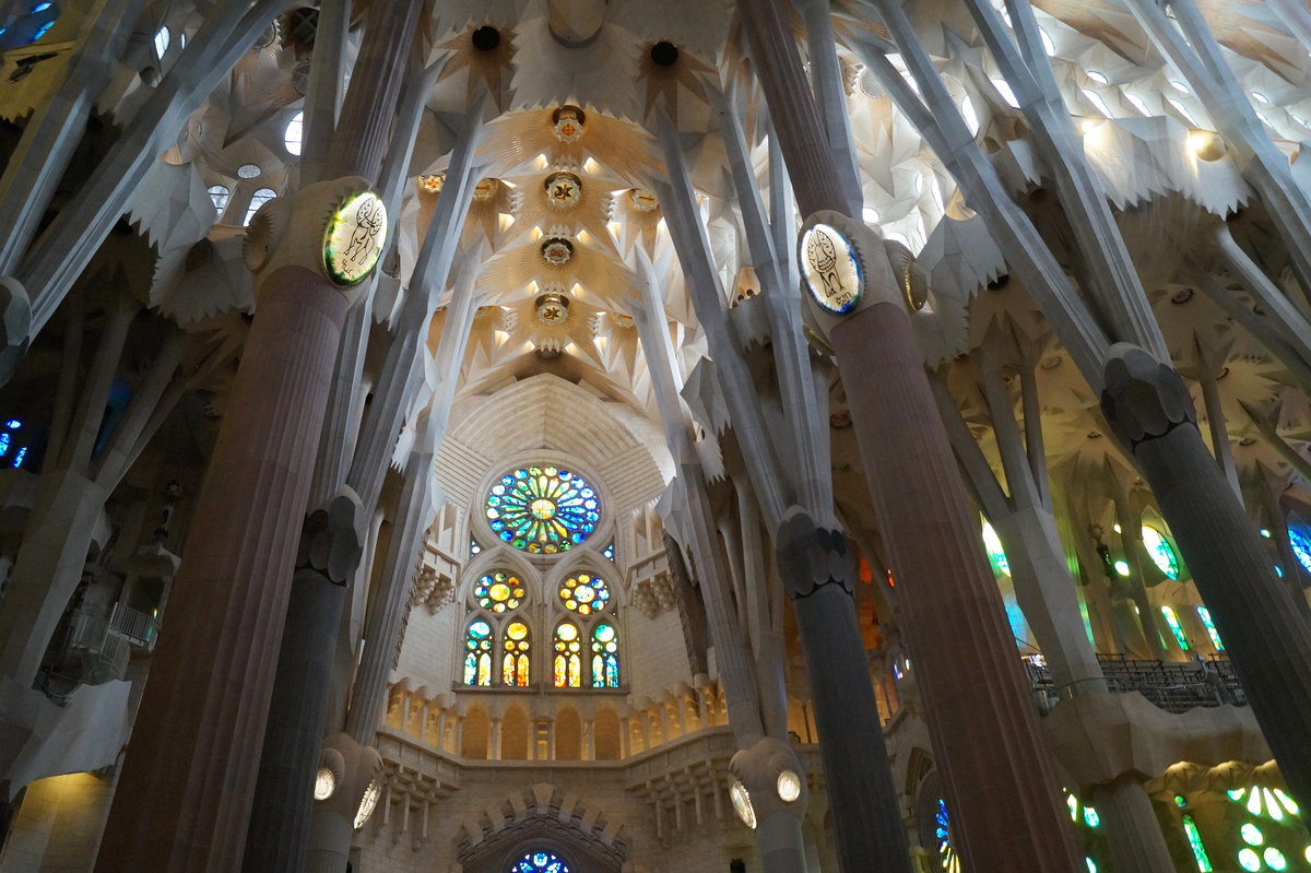 Der Innenraum der Sagrada Familia in Barcelona - Die Sulen sollen einen Wald andeuten, mittels verschiedener Farben der Sulen soll auf unterschiedliche Holzarten hingewiesen werden, am Deckengewlbe sind  Verstelungen  der Bume zu einem Bltterdach imitiert. 18.04.2019.
