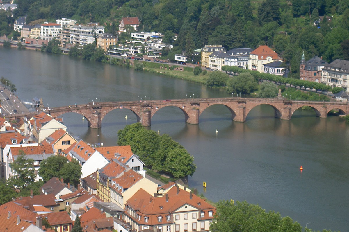Der Neckar und die Alte Brcke in Heidelberg. Aufnahme: Juli 2005.