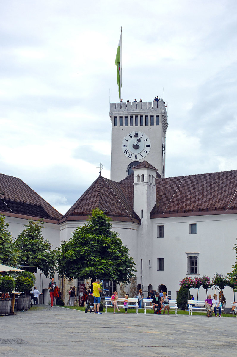 Der Turm von Ljubljanski Grad. Aufnahme: 1. August 2016.