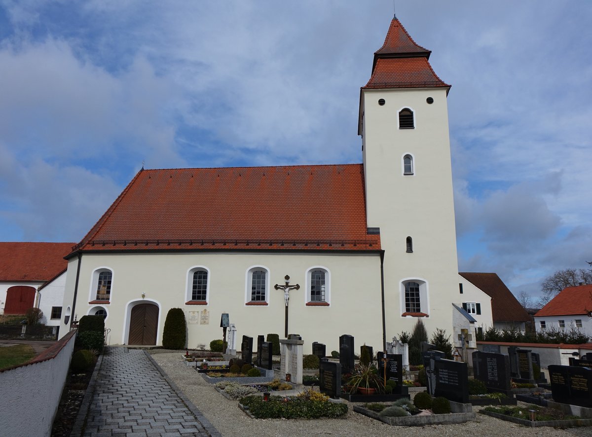 Dezenacker, St. Elisabeth Kirche, Chorturmkirche, Turm und sdliche Langhauswand 1479, Erweiterung und Barockisierung des Langhaus 1749 (06.03.2016) 