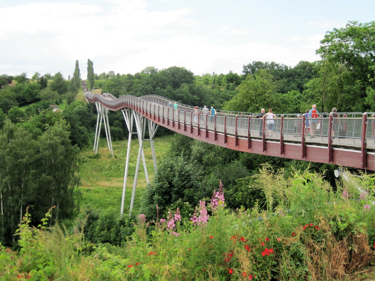 Die 225 m lange und 25m hohe Drachenschwanzbrcke ist die lngste Holzbrcke Europas. Sie berspannt einen Teil des Gessentals bei Ronneburg und war 2007 eine Attraktion der Bundesgartenschau Gera/Ronneburg