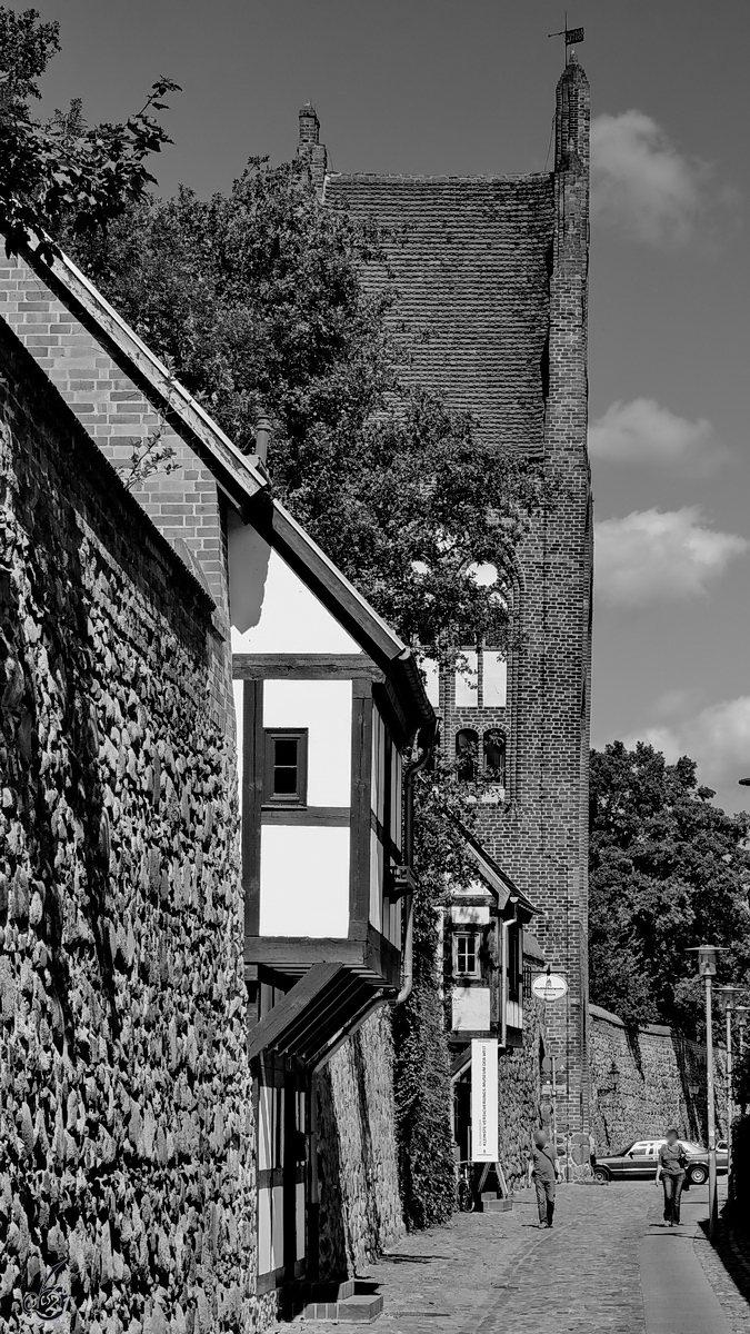 Die alte Stadtmauer mit seinen Wiekhusern und dem Tor in Neubrandenburg. (August 2013)