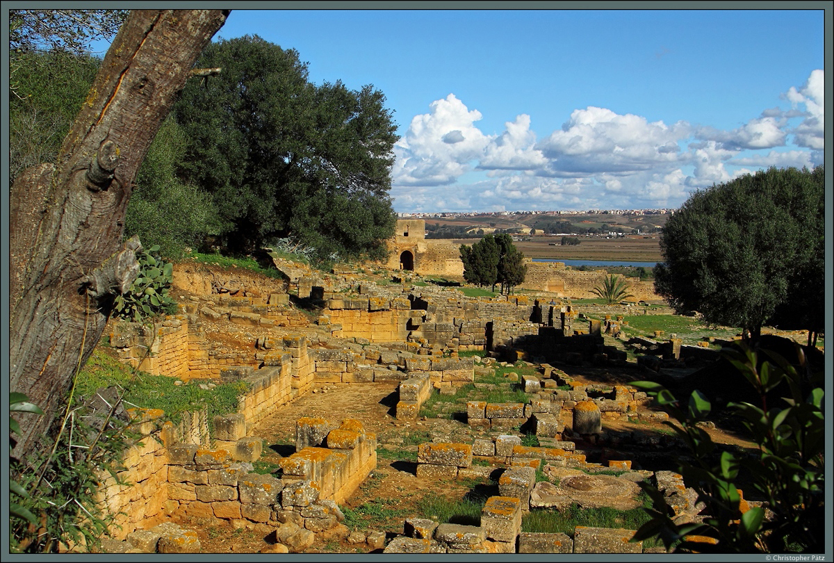 Die Chellah von Rabat umfasst neben Grabstätten aus dem Spätmittelalter auch Ruinen der römischen Siedlung Sala Colonia. Die Reste wurden ab 1930 ausgegraben. Auf der anderen Talseite beginnt die Stadt Salé. (Rabat, 23.11.2015)