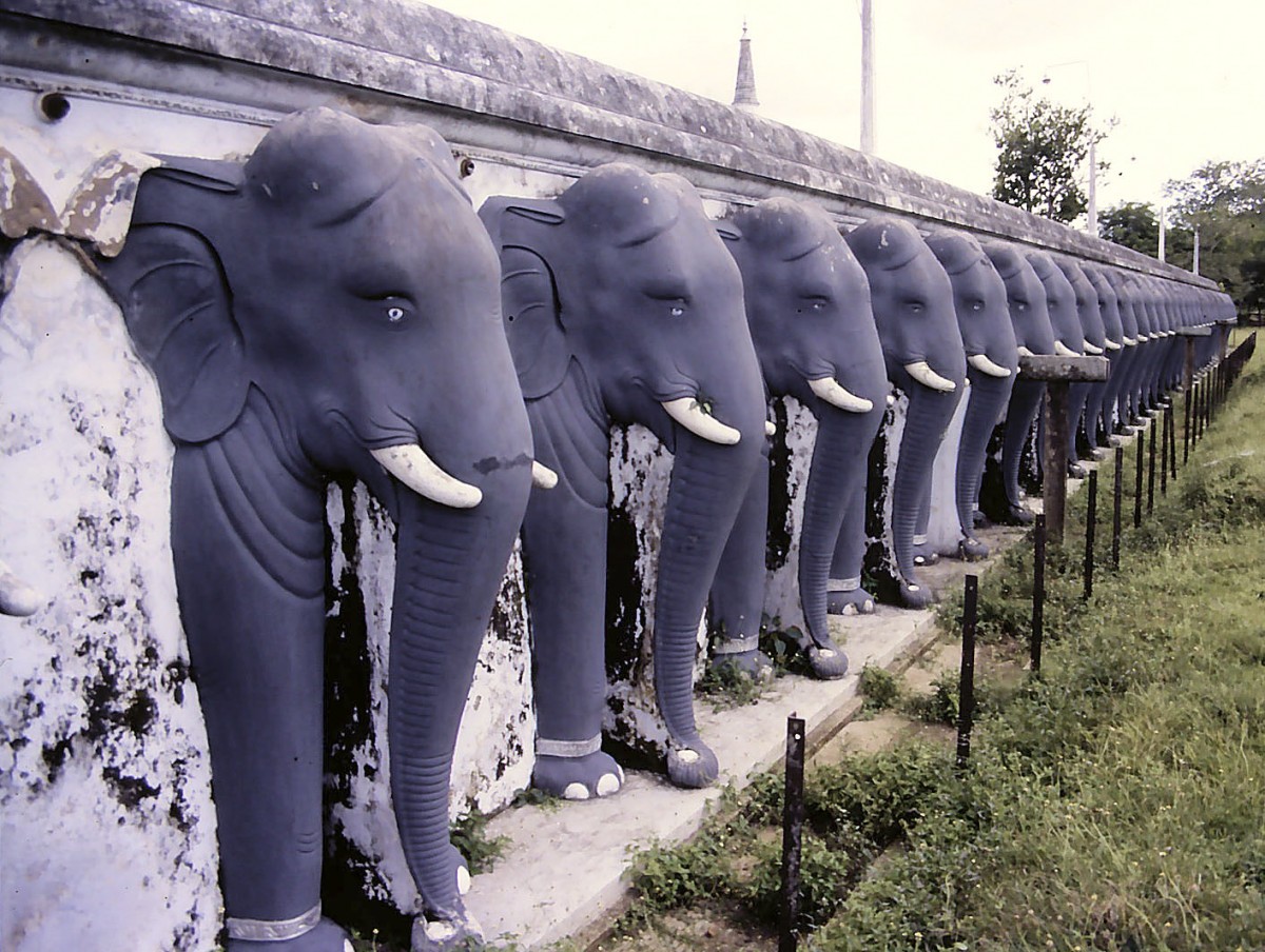 Die Elefanten-Reihe am Ruwanwelisaya Stupa bei Anuradhapura. Aufnahme: Januar 1989 (Bild vom Dia).
