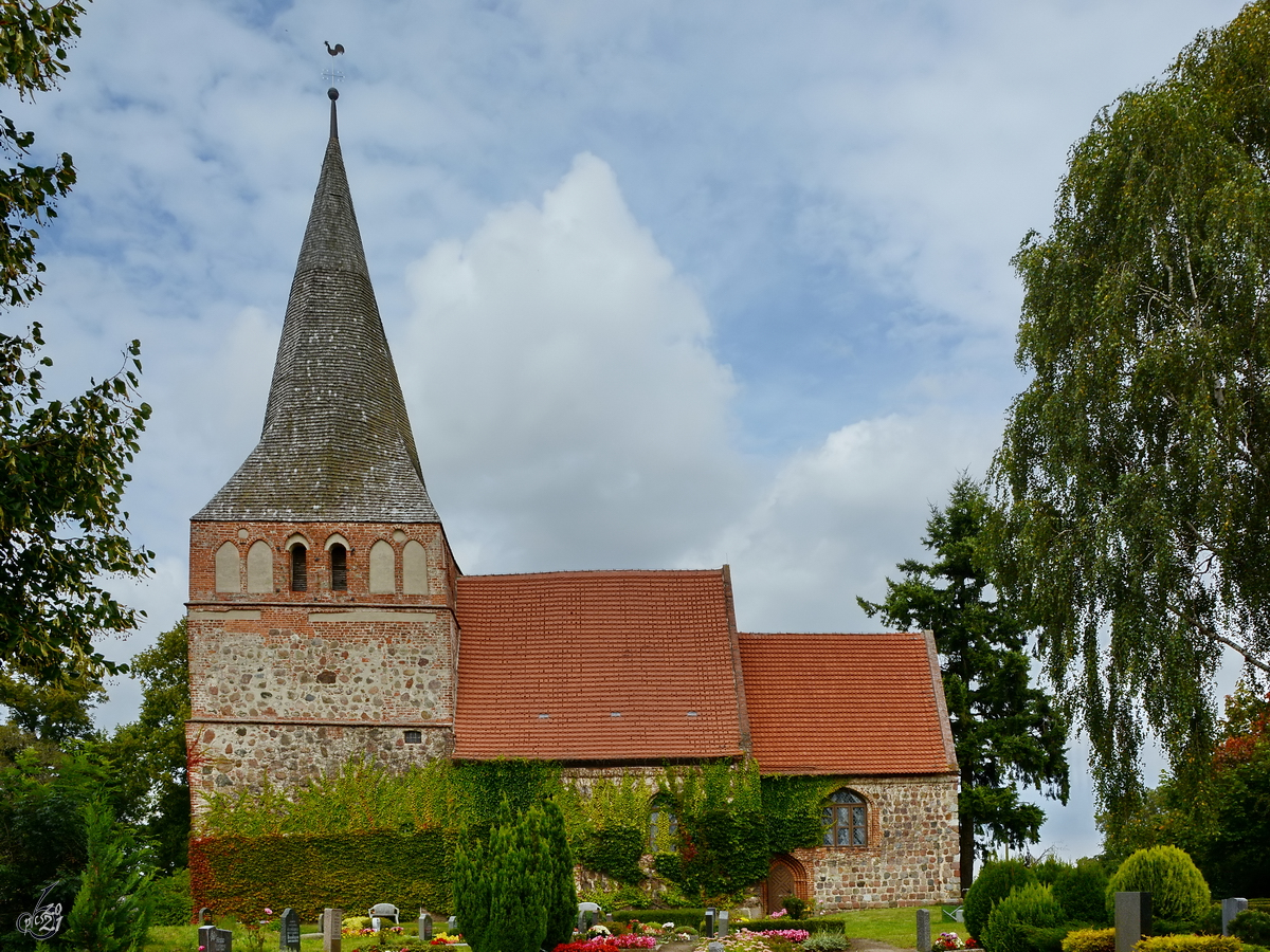 Die im frhgotischen Stil errichtete evangelische Dorfkirche Kittendorf besteht aus einem rustikal wirkenden Feldsteinmauerwerk. (August 2014)