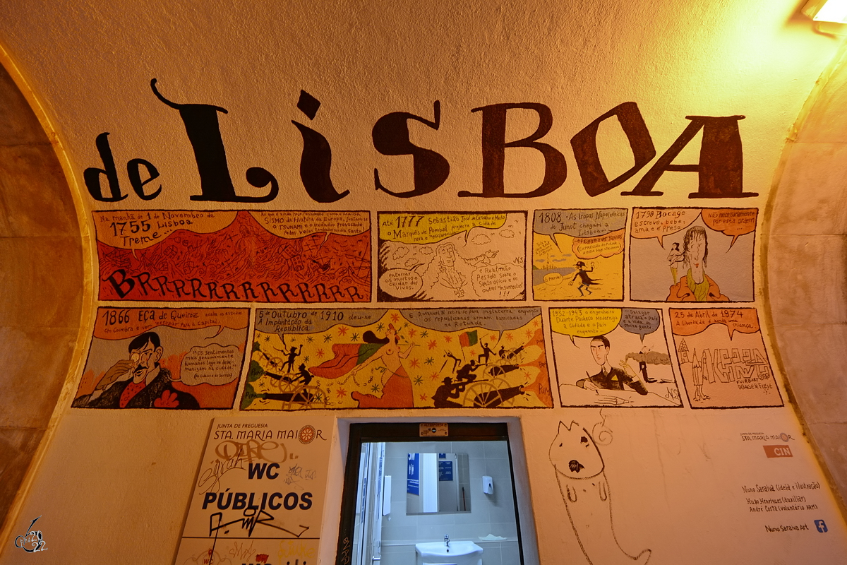 Die Geschichte von Lissabon in einem Comic erzählt, so gesehen Mitte Januar 2017 am Eingang zu einer öffentlichen Toilette in Lissabon.