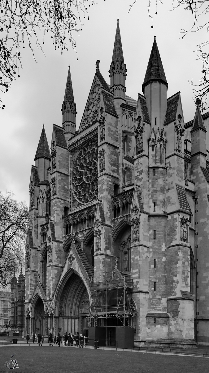 Die im gotischen Stil erbauten Westminster Abbey ist eine Protestantische Kirche, in der seit dem Jahr 1066 die englischen und britischen Krnungszeremonien stattfanden. (London, Februar 2015)