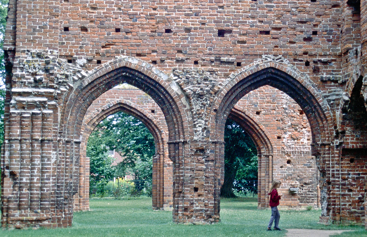 Die Klosterruine Elena in Greifswald. Im Dreiigjhrigen Krieg wurde das Kloster in Greifswald schwer beschdigt und verfiel danach zunehmend aufgrund fehlender Mittel fr Reparatur- und Erhaltungsmanahmen. Bild vom Dia. Aufnahme: August 2001.