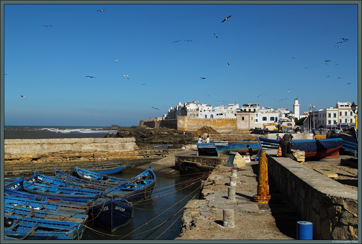 Die Medina von Essaouira liegt direkt an der Atlantikkste, geschtzt durch die Festungsanlagen Scala de la Kasbah. Die im 18. Jahrhundert errichtete Altstadt mit ihren weien Husern gehrt seit 2001 zum UNESCO-Weltkulturerbe. Vorn einige der typischen blauen Fischerboote. (Essaouira, 21.11.2015)