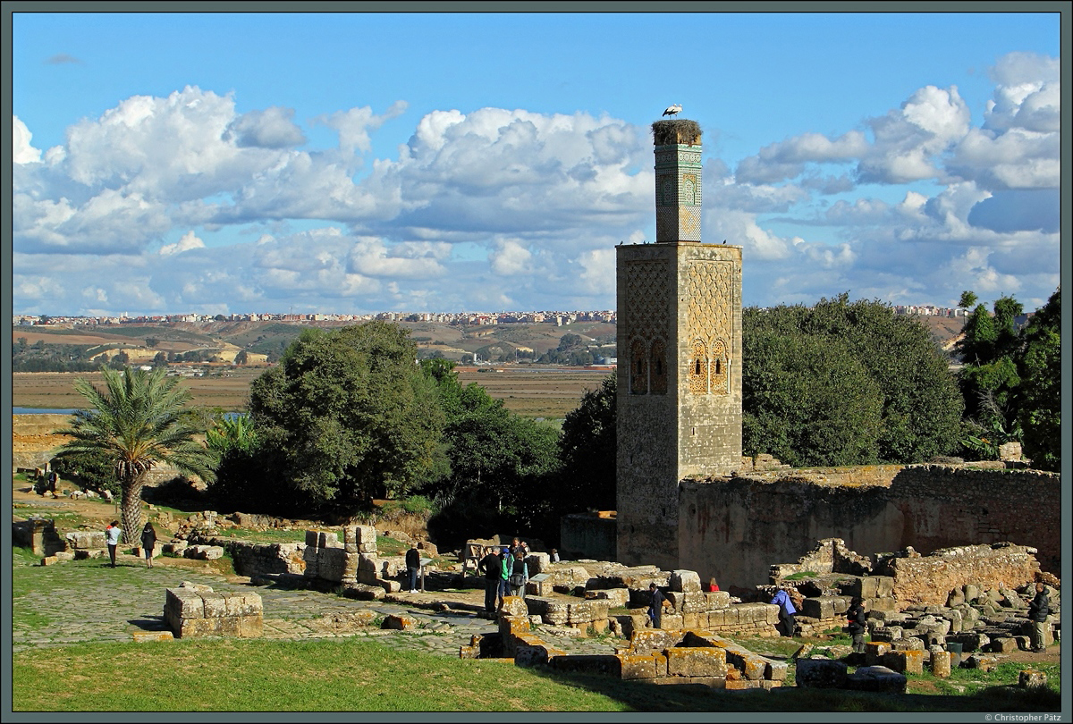 Die Ruinen der Chellah von Rabat befinden sich schn gelegen auf einer Anhhe im Sdosten der marokkanischen Hauptstadt. Gut erhalten ist dieses Minarett einer Moschee mit anschlieender Madrasa. Die Ruinen werden von zahlreichen Strchen als Nistplatz genutzt. Davor befinden sich Reste der rmischen Siedlung Sala Colonia. (Rabat, 23.11.2015)