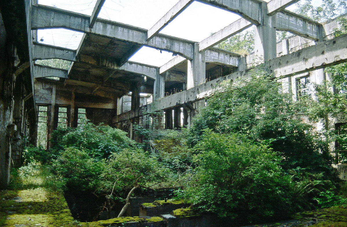 Die Ruinen des ehemaligen Sauerstoffwerkes in Peenemnde auf der Insel Usedom. Bild vom Dia. Aufnahme: August 2001.