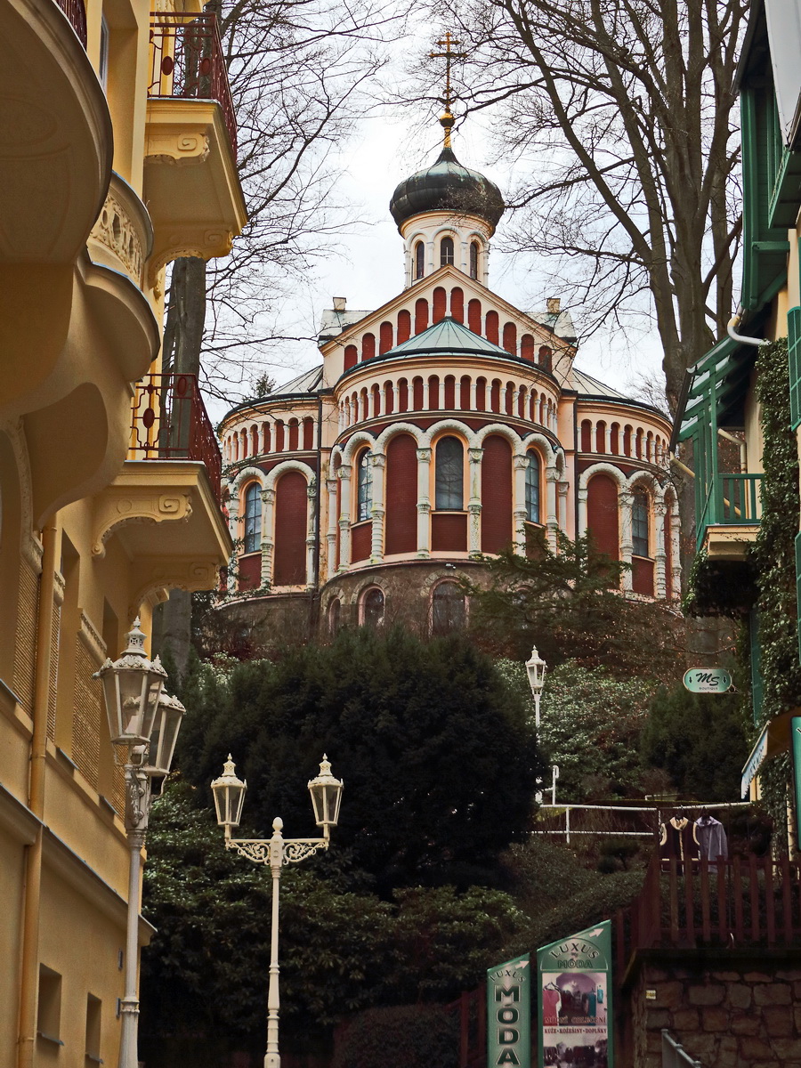 Die russisch-orthodoxe Kirche des Heiligen Wladimir in Marienbad am 21. Februar 2020
Diese Kirche wurde erbaut in den Jahren 1900-1902, ersetzte den russisch-orthodoxen Betsaal, der seit 1878 im Rathausgebude war.
