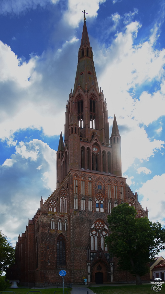 Die im Stil der Backsteingotik erbaute Evangelisch-Lutherischen Kirche Sankt Bartholomaei ist das Wahrzeichen der Stadt Demmin. (August 2014)