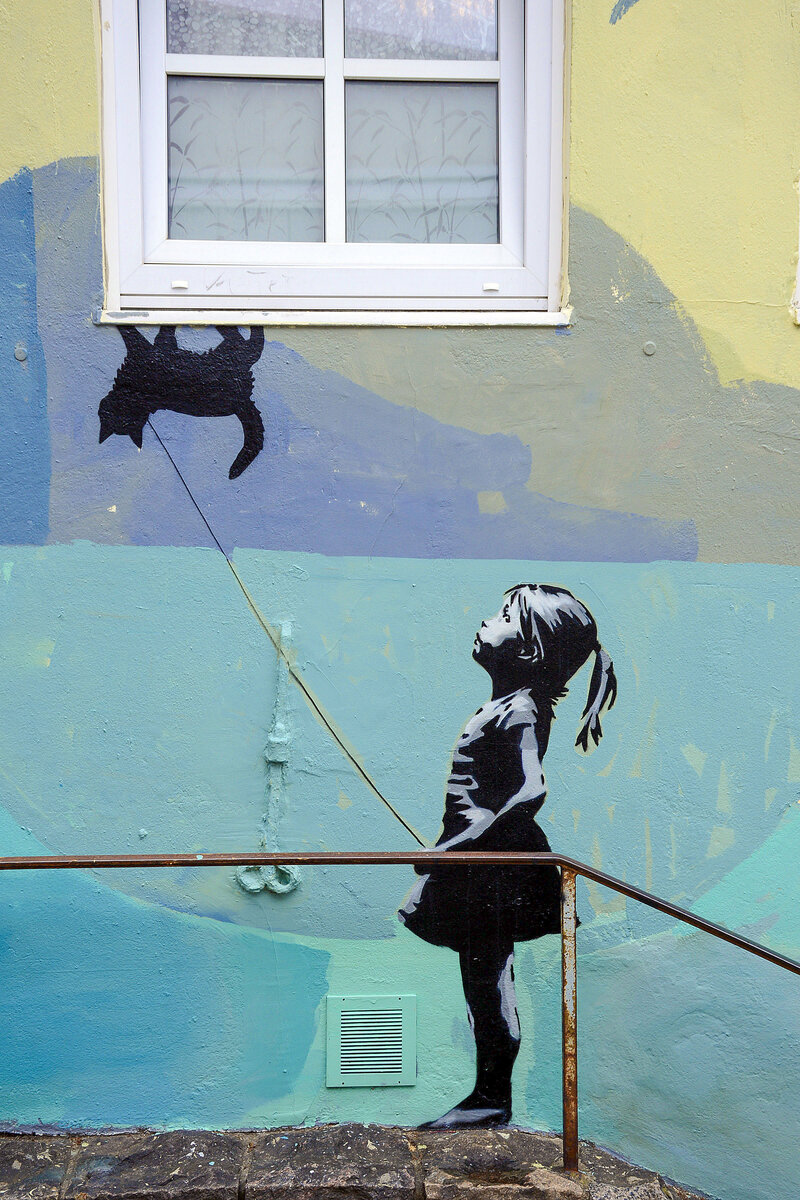 Die Wandmalerei �Hanghing Around - Ceiling Cat� an der Marientreppe in der Flensburger Innenstadt. Das Kunstwerk ist ein Teil der Nord:Syd Freiraumgalerie in Flensburg. Aufnahme: 26. Juli 2026.