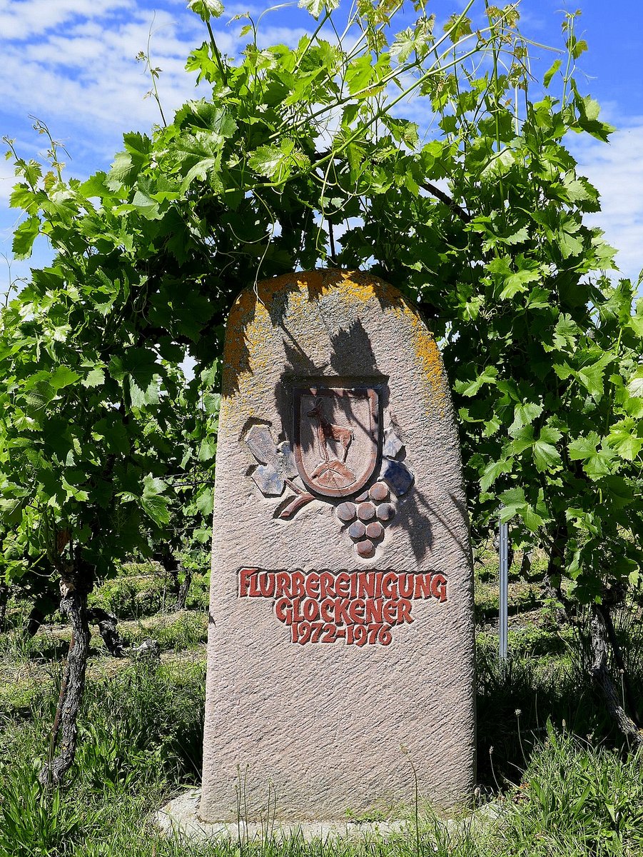 Diersburg, Gedenkstein in den Rebbergen oberhalb des Ortes, erinnert an die Flurbereinigung  Glockener  1972-76, Juni 2020