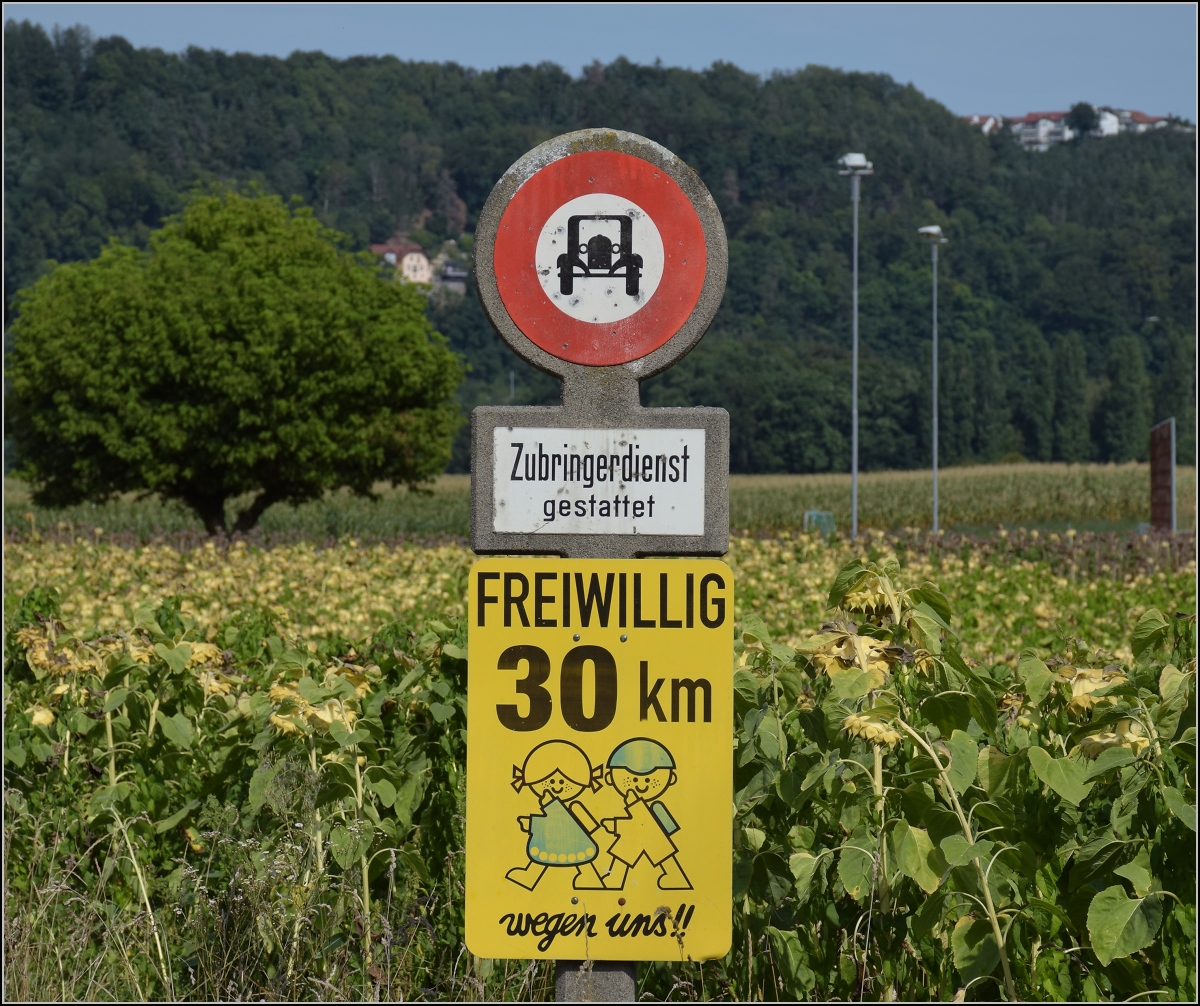 Dieser Weg ins  Zentrum  von Full ist wohl den Zubringern und Radfahrern vorbehalten. Aber ein Hingucker ist dieses Verbotsschild im Jahr 2020 durchaus...
Full, August 2020.