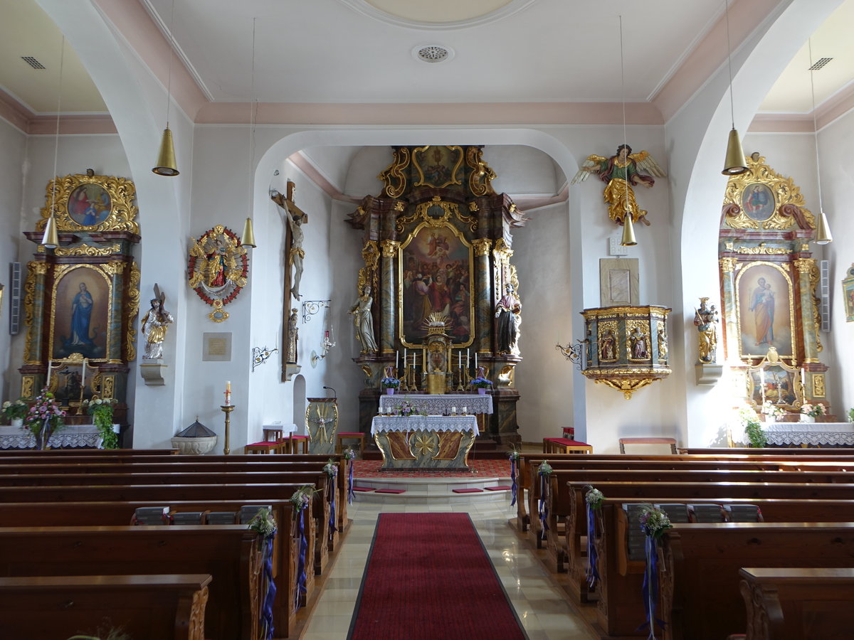 Dietkirchen, Innenraum der kath. Pfarrkirche St. Stephanus, barocker Hochaltar von 1730, Hochaltarbild von Georg Lang (20.08.2017)