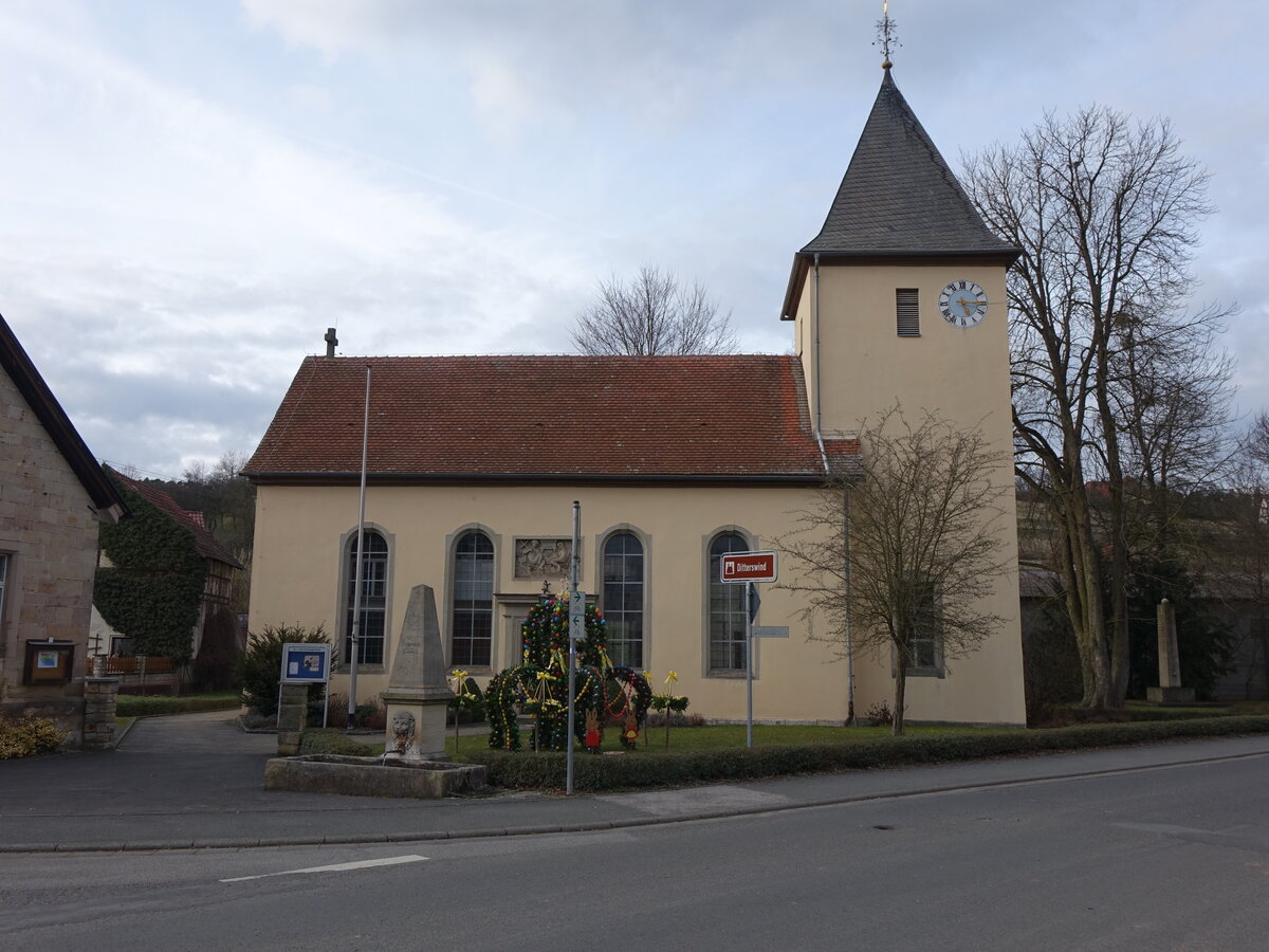 Ditterswind, evangelische St. Nikolaus Kirche, Saalkirche mit Satteldach und Chorturm, erbaut 1898 (24.03.2016)