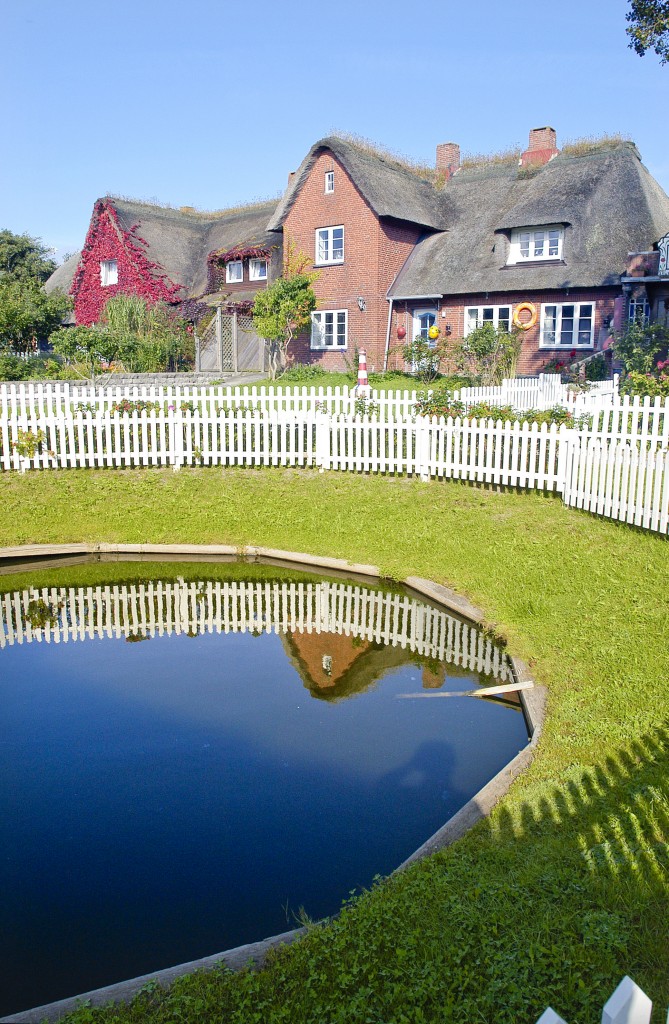 Dorfteich und Reetdaches im Dorf Land. Aufnahme: 22. September 2008.