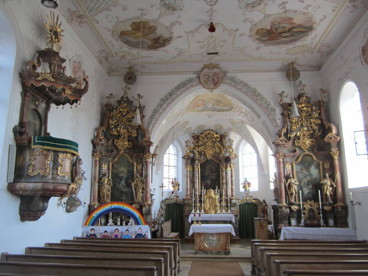 Dnzelbach, barocke Altre und Kanzel der St. Nikolaus Kirche (28.02.2014)
