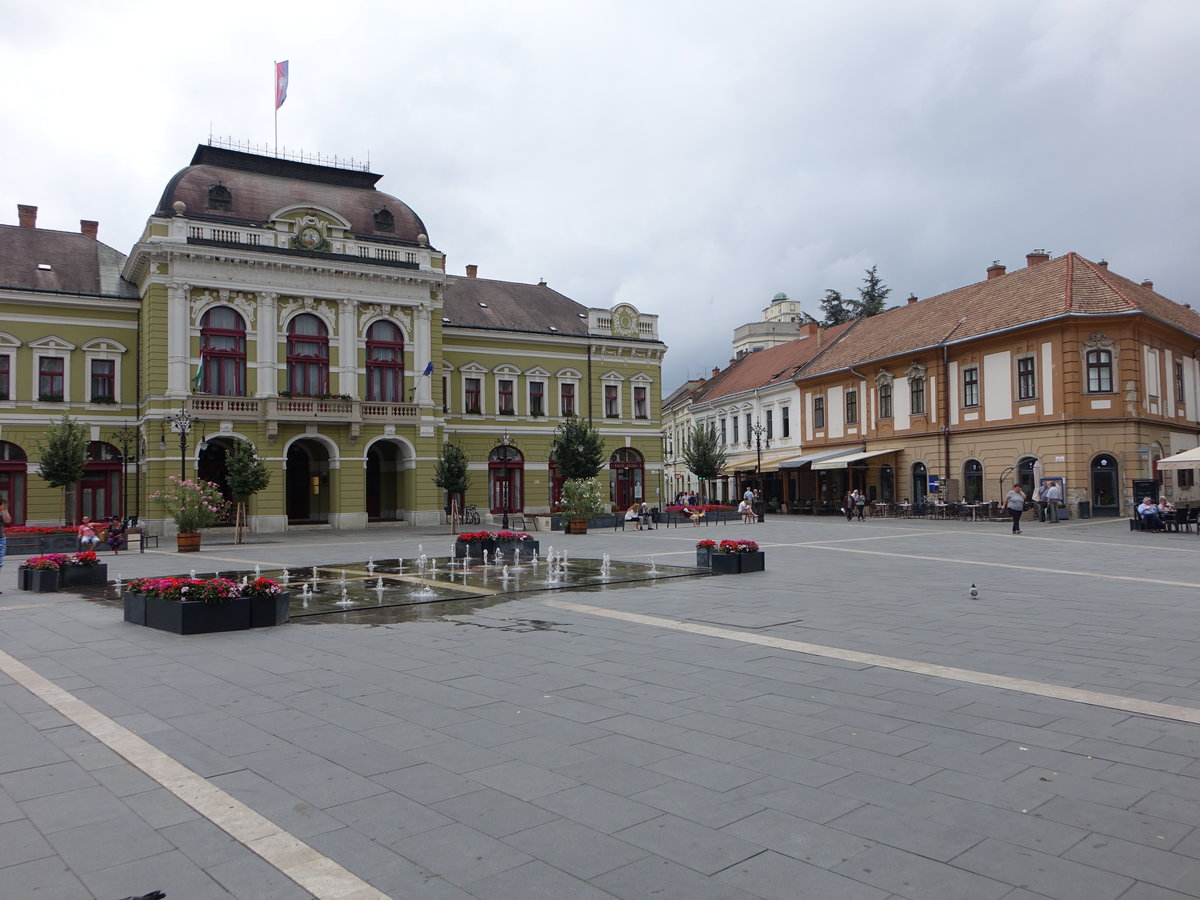 Eger, Rathaus und Brunnen am Hauptplatz Dobo Istvan Ter (04.09.2018)