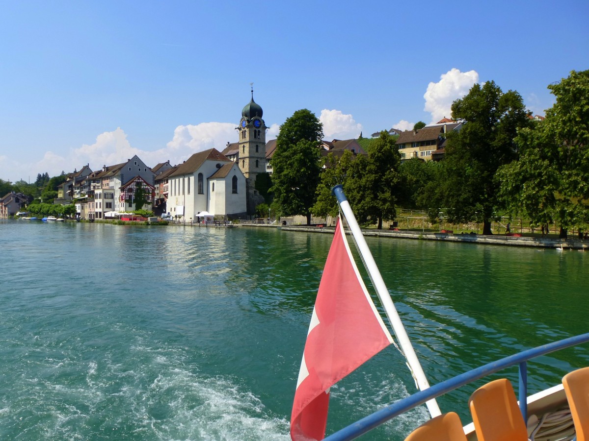 Eglisau, Abfahrt rheinaufwrts mit dem Ausflugsschiff, Aug.2013