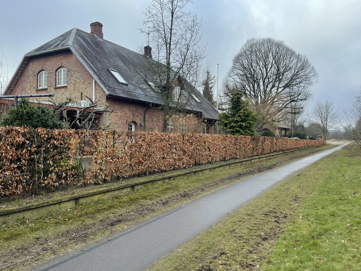 Ehemaliger Bahnhof in Gjern bei Silkeborg. 1971 wurde der Personenverkehr auf der Strecke Laurbjerg-Bramming - die sogenannte Diagonalbahn eingestellt. Aufnahme: 15. Mrz 2022.