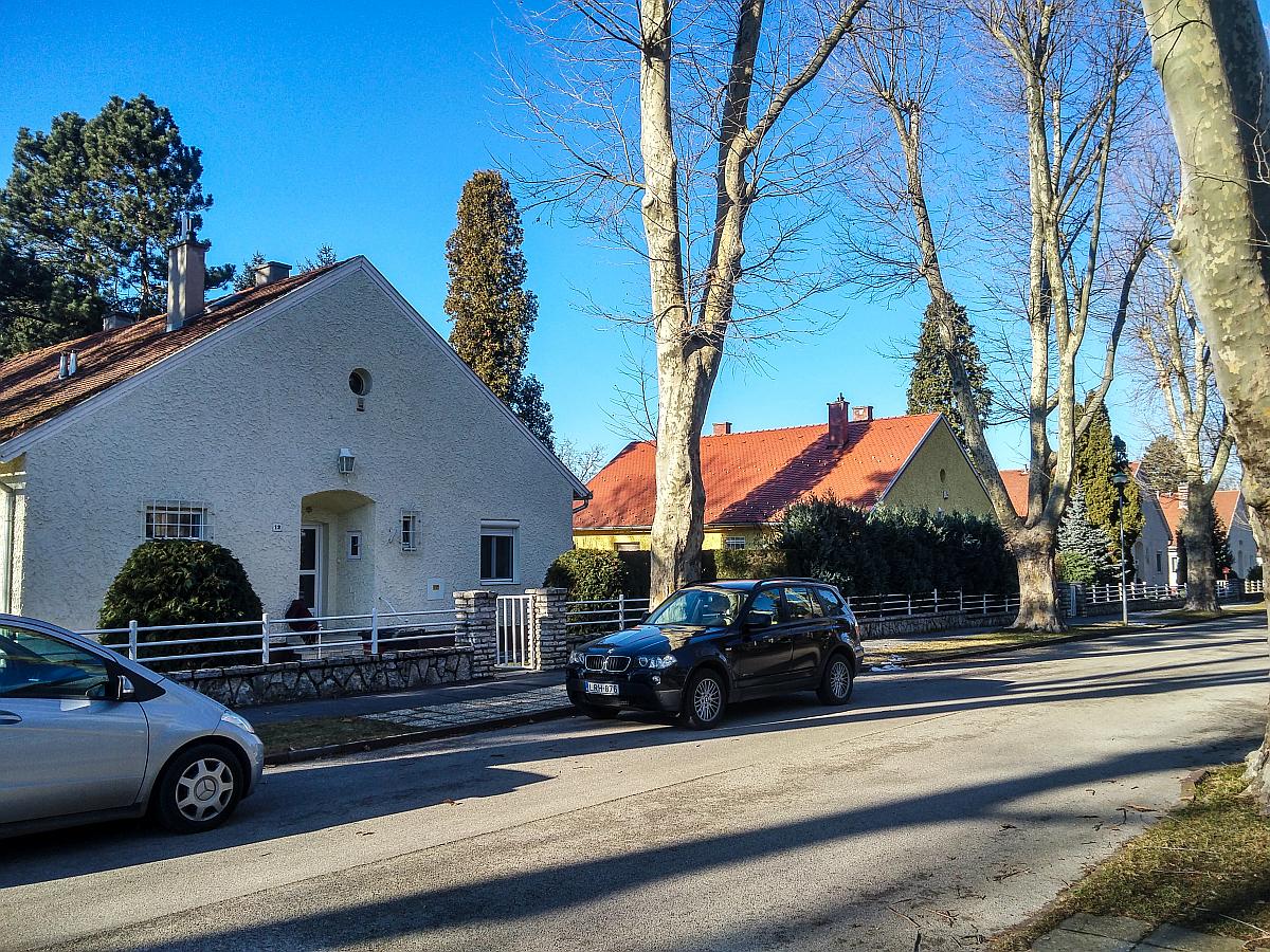 Ein Stck Amerika in Nagykanizsa, Ungarn. In Bezug zur lbohrung wurden auf amerikanische Muster Wohnhuser fr die Angestellte der lgesellschaft gebaut. Dieses Wohngebiet ist einheitlich aber nicht genug gro um monoton zu sein. Die Bume am Rande der Strasse und die grnflchen billden insgesamt eine idillische Umgebung. Foto: Januar 2019.