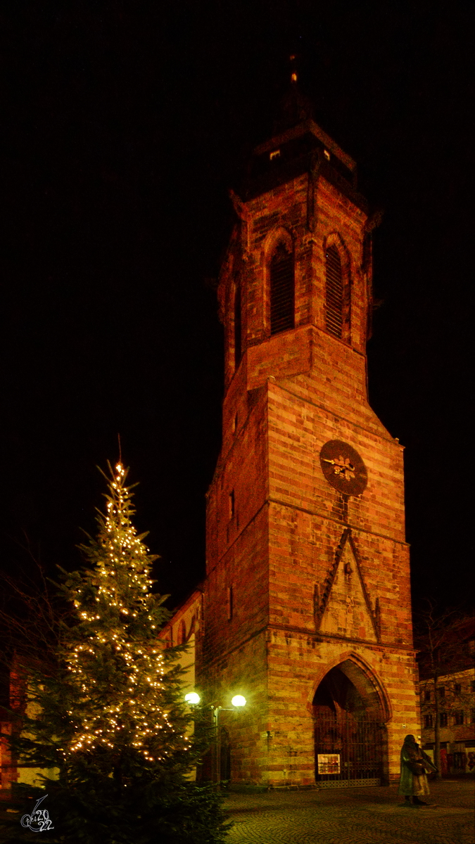 Ein Weihnachtsbaum vor der ltesten Kirche der Stadt Landau, die Anfang des 14. Jahrhunderts gebaute Stiftskirche. (Dezember 2014)