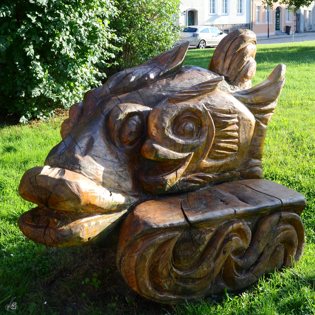 Eine von Fischen inspirierte Holzbank in Anklam. (August 2013)