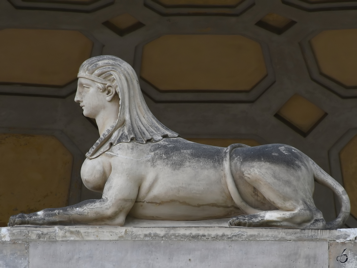 Eine Sphinx am gyptischen Portal an der Orangerie im Neuen Garten Potsdam. (April 2018)