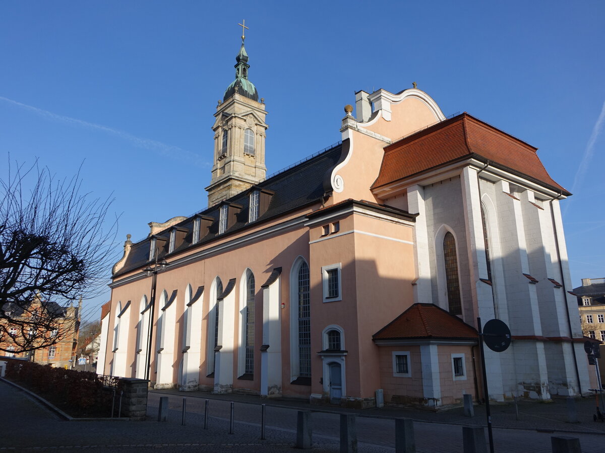 Eisenach, evangelische Georgenkirche am Markt, gotische Hallenkirche, erbaut im 15. Jahrhundert, neobarocker Turm erbaut von 1899 bis 1902 (17.03.2024)
