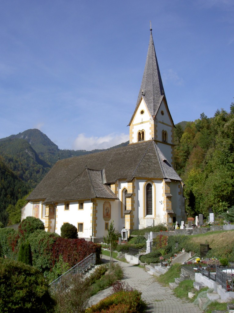 Eisenkappel, Filialkirche Maria Dorn, erbaut ab 1386, sptgotische Fresken an der Sdwand (04.10.2013)